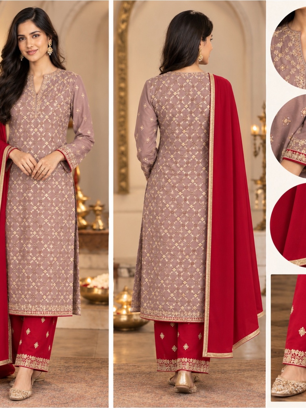 Elegant Mauve Embroidered Kurta Set with Red Dupatta
